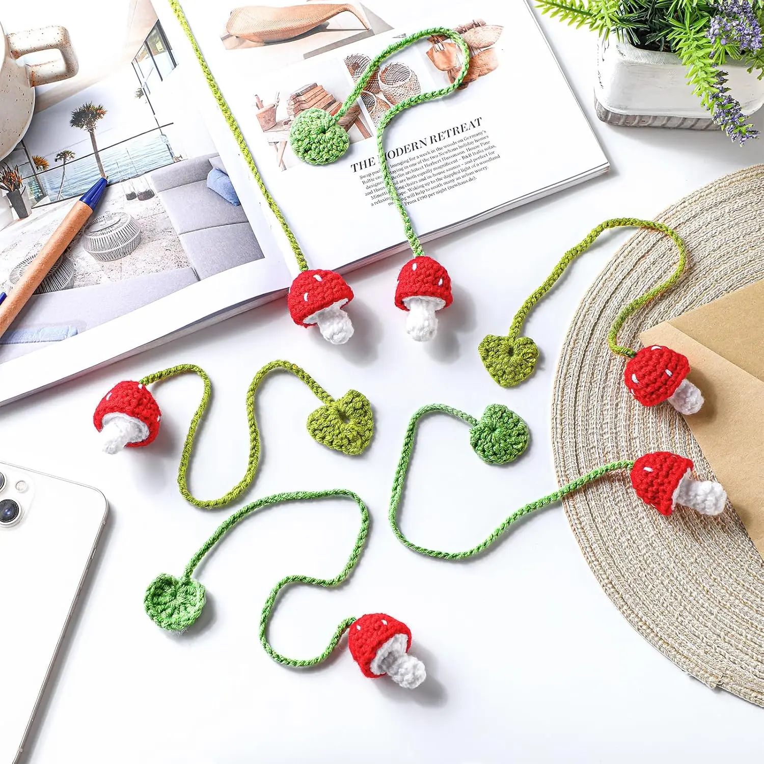 6 count Crochet Bookmarks Mushroom   Knitted Bookmarks Crochet Page Markers Curtain Tiebacks Appreciation Gifts for Readers Teachers Mother Book Lovers Cottagecore Decor