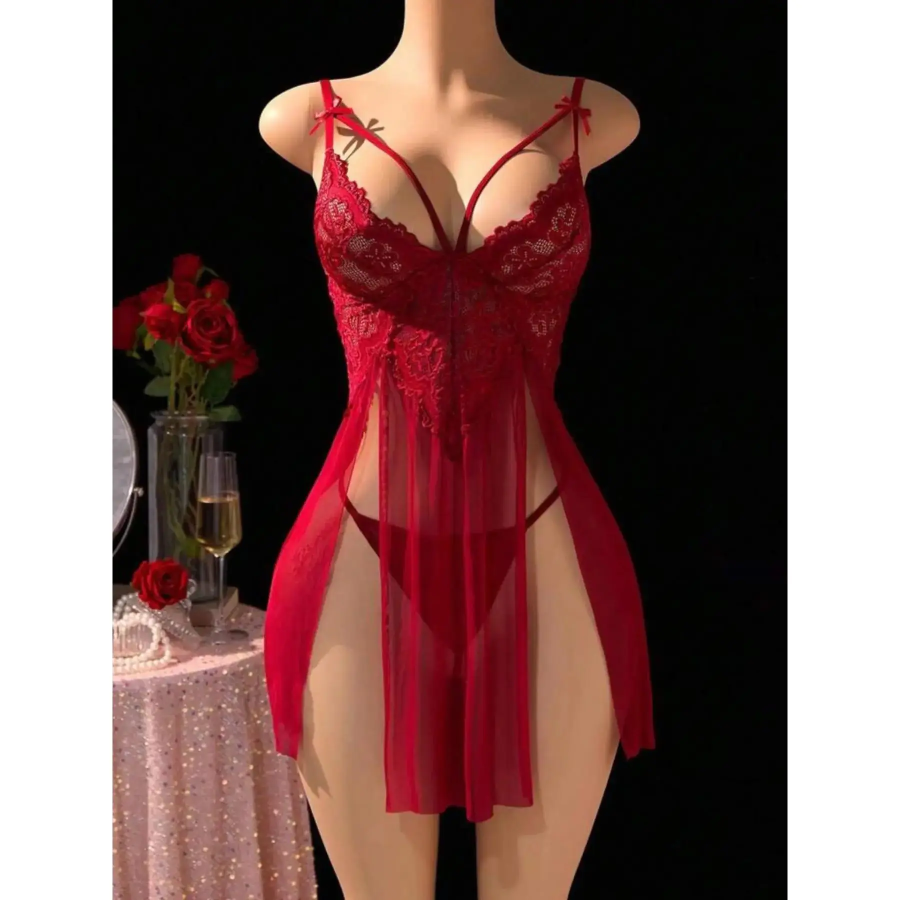 Women's Lace Jumpsuit Set, Sexy Ditsy Floral Pattern, Elegance, Slim-Fitting, All-Seasons, Role Play Hot Lingerie Underwear, Perfect for Parties and Dates, Straps