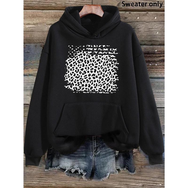 Women's Leopard Graphic Cotton Hoodie - Breathable Elastic Pullover, Trendy Streetwear with Kangaroo Pocket, Denim-Accent Casual Fabric Garment