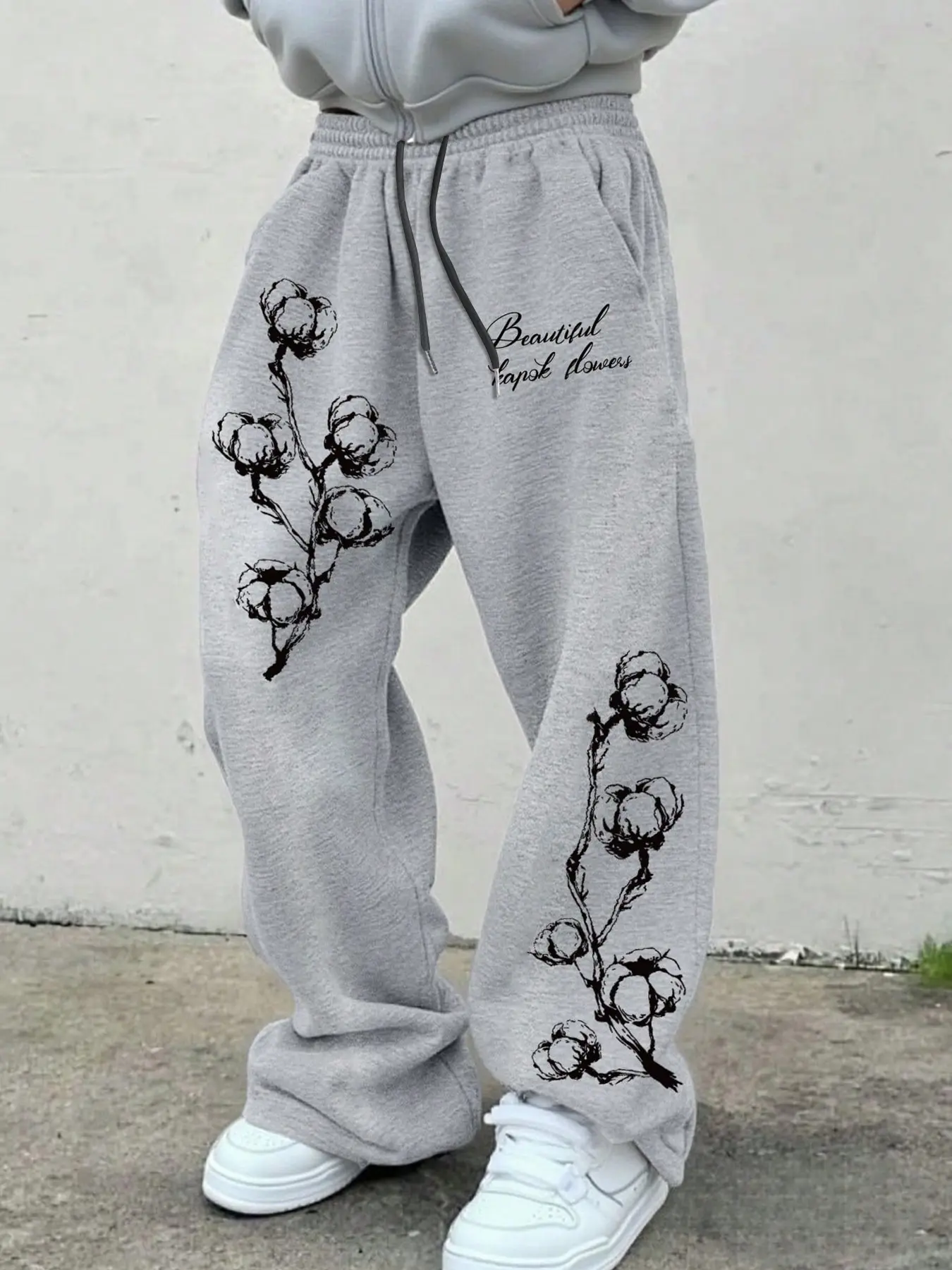Oversized Gray Sweatpants for Men Women, Cotton Flower Sketch Print Baggy Streetwear Joggers, Y2K Aesthetic Wide Leg Casual Track Pants with Drawstring Elastic Waist, Vintage Floral Graphic Loose Fit Lounge Pants for Daily Hip Hop Outfits