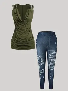 Women's Plus Size 2026 New Solid Color Fashion Set, Top and Faux Denim Jeans Two-Piece, Slim-Fitting, Random Print, All Seasons