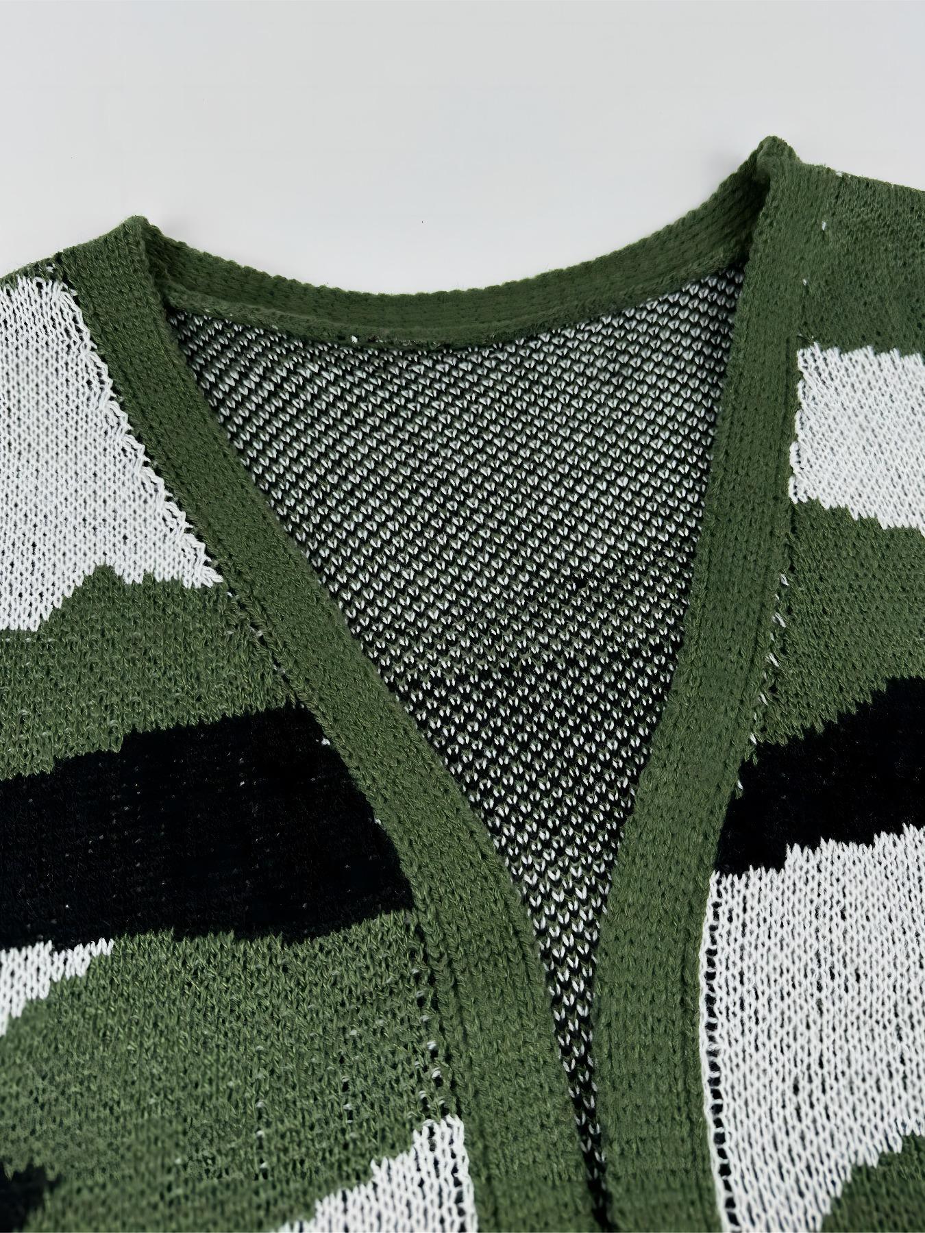 Women's Camo Print Open Front Cardigan, Loose, Casual Long Sleeve Drop Shoulder Knit Outerwear, Ladies Fall & Winter Clothes, Women Fall Outfit, Colorblock Midi Cardigan Sweater