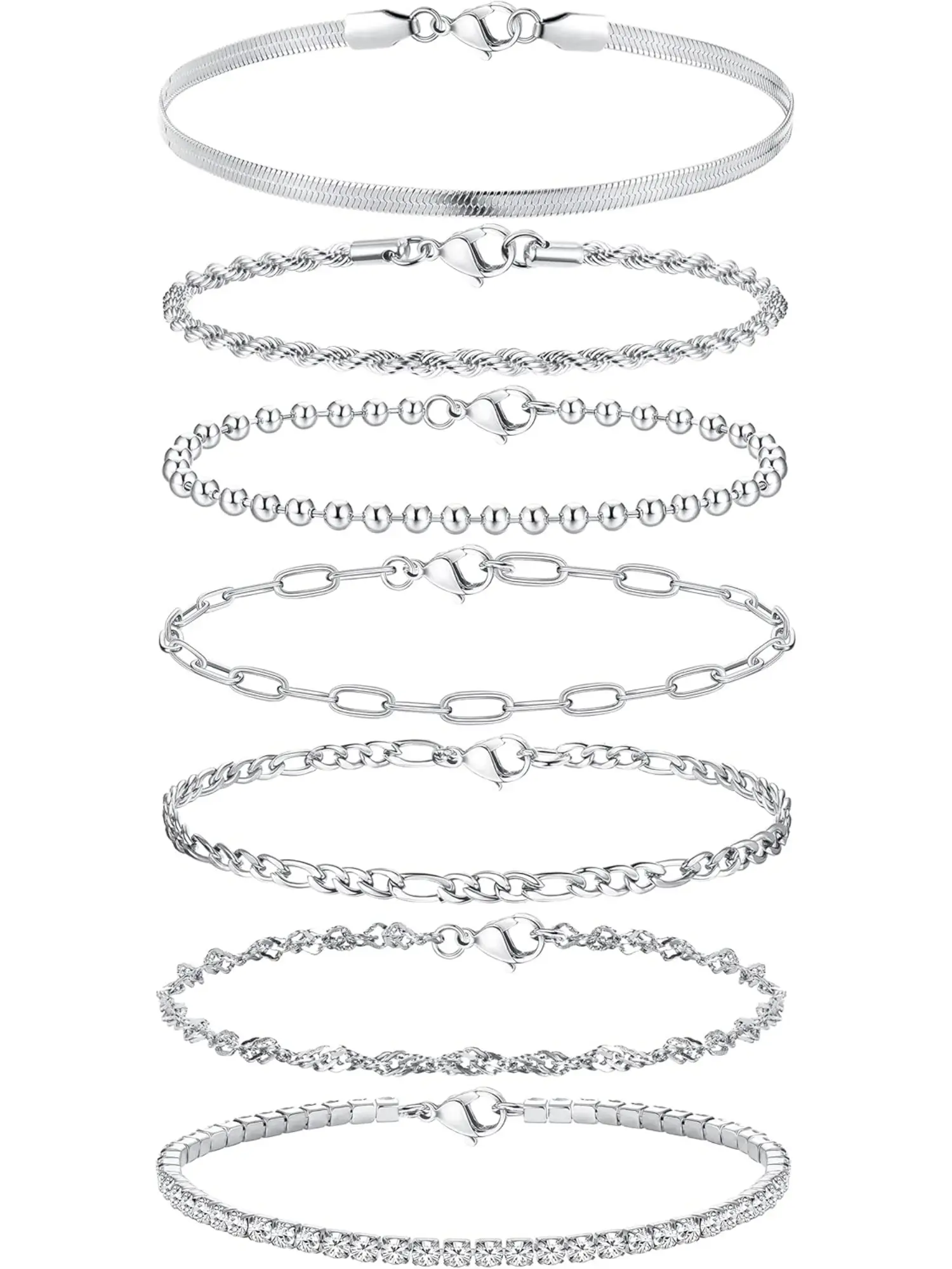 7 Pcs Silver Gold Chain Bracelets for Women 14K Gold Plated Stacking Bracelet Twist Figaro Herringbone Adjustable CZ Link Bracelets Set Bracelet for Women Girls