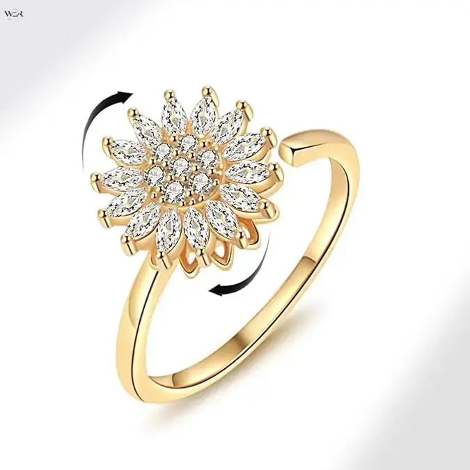 Women's Gold-Plated Rotatable Floral Shape Open Cuff Ring - Cubic Zirconia Sunflower Design, Spins Freely for Stress & Anxiety Relief, Adjustable Size Dainty Marquise Zircon Daily Wear Jewelry Gift, Contact Service