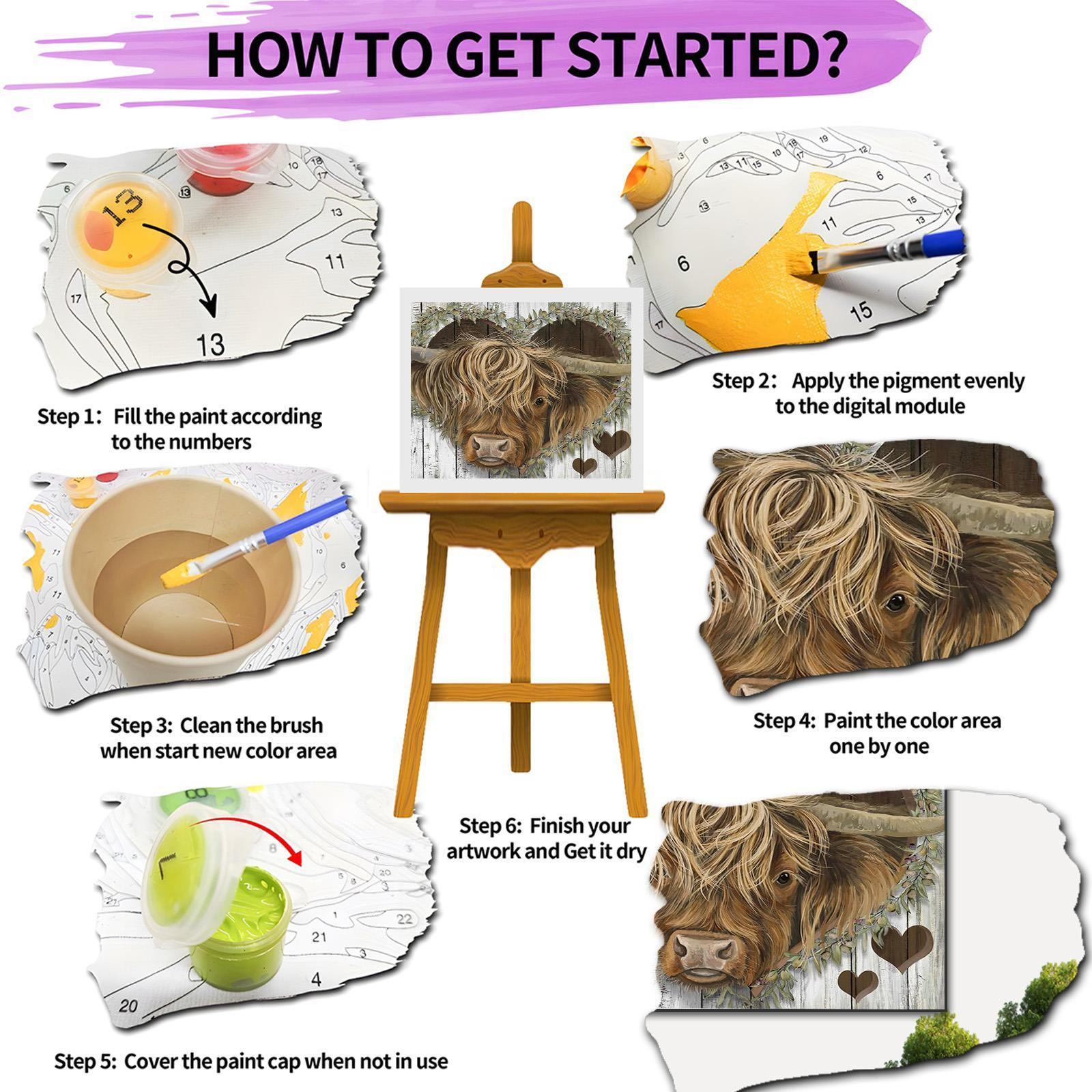 Highland Cow Pattern DIY Painting by Numbers Kit without Frame, DIY Paint by Numbers, Wall Art Decor for Home Living Room Bedroom