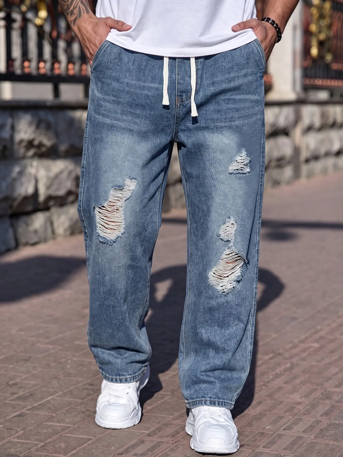 Men's Vintage Ripped Jeans, Loose Straight Leg Pants, Drawstring Design, Street Fashion Long Pants, Gift for Boyfriend and Husband