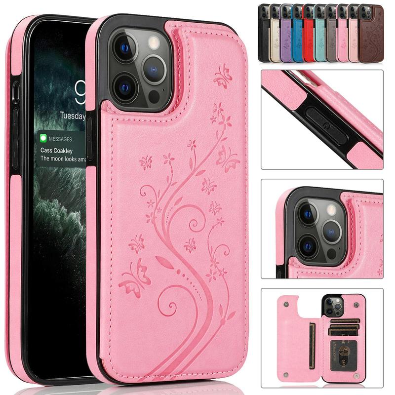 HISTORYOO Card Slots Case For iPhone 17 Pro Max Air 17 16 15 14 13 12 11 Pro Max 16 15 14 Plus / Pro Wallet Card Holder Stand Durable Magnetic Clasp Soft TPU Shockproof Back Cover Flower Butterfly Pattern Bumper Rubber Retro PU-Leather Phone Case