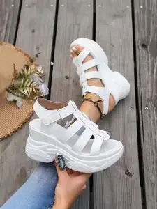 New Magic Tape Thick Sole Wedge Sandals for Women, Summer Open-Toe Height-Boosting Platform Roman Slippers, Casual Fashion Footwear