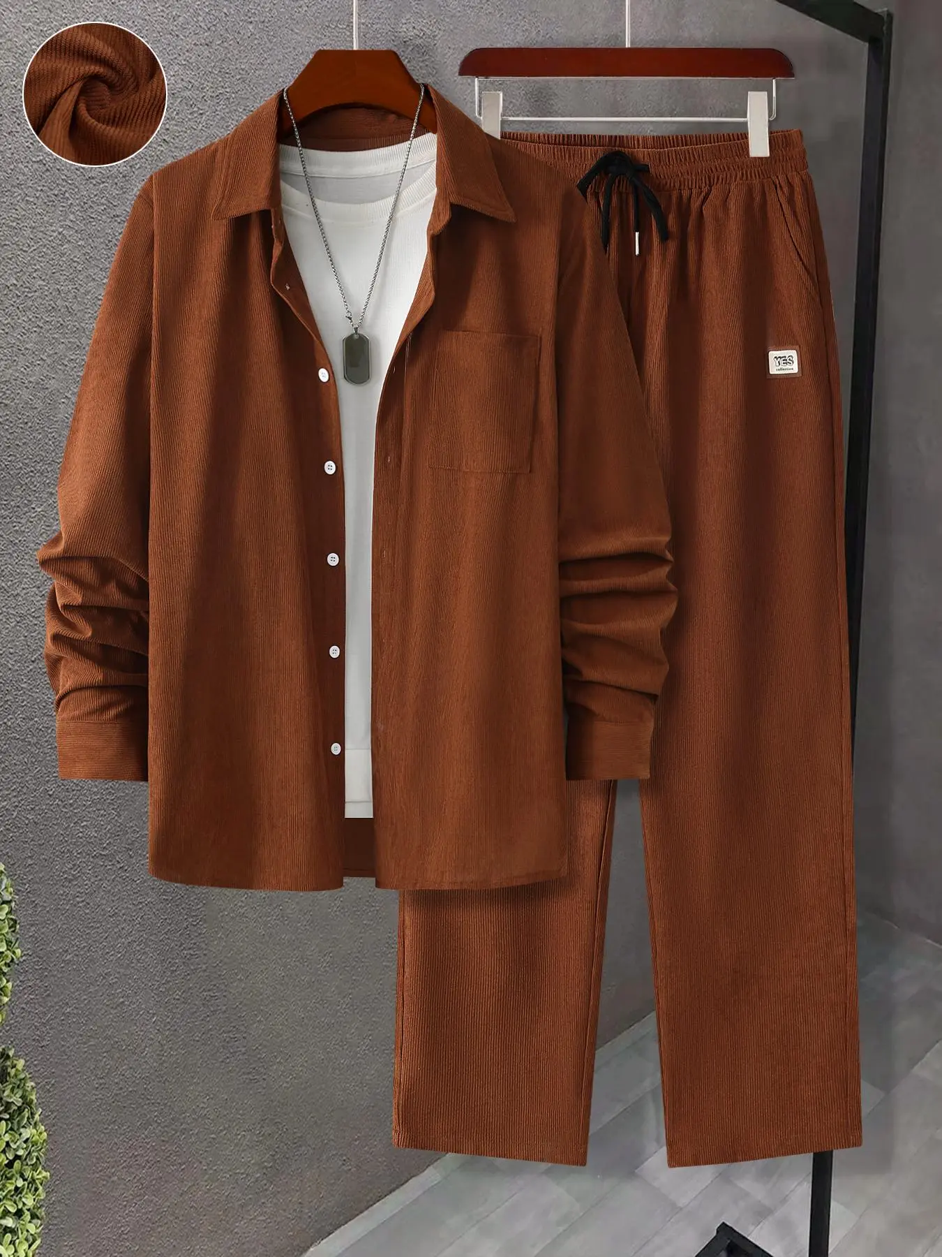 Men's Solid Button Shirt & Drawstring Waist Pants Two-piece Set, Regular Fit Casual Long Sleeve Collared Top & Trousers for Fall & Winter, Men's Clothes for Daily Wear Style Set