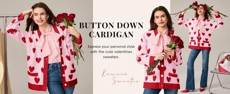 Saodimallsu Womens Oversized Heart Cardigan Color Block V Neck Button Long Sleeve Chunky Valentines Sweaters with Two Pockets & Contrast Trim