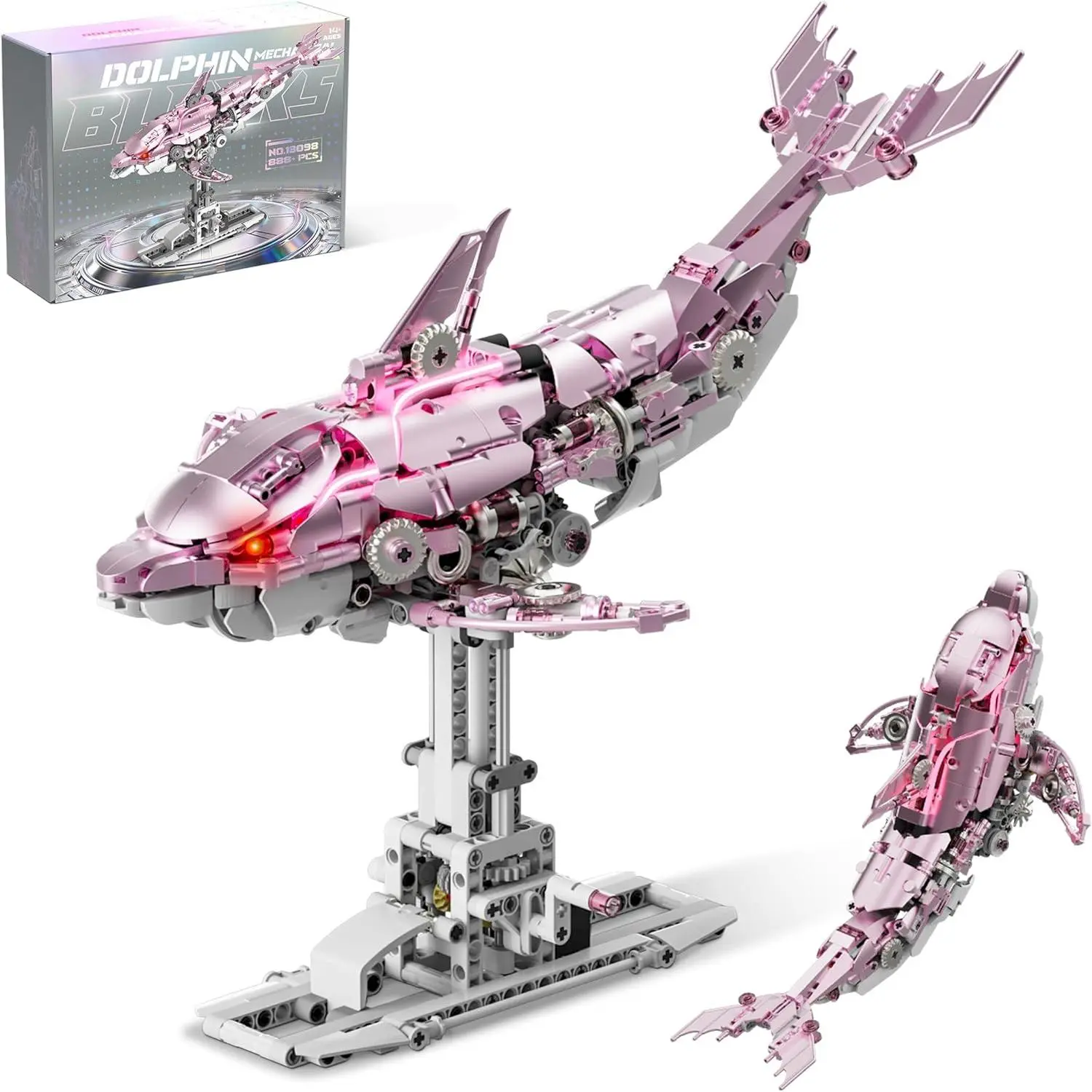 Beepzipp Pink Mechanical Dolphin Building Kit - Durable Materials Hand-Crank STEM Educational Toy, Collectibles Toy Model Figures with Moving Jaw, Swimming Tail, Glowing Light Effects for Girls Ages 8+, Adults; House Decoration