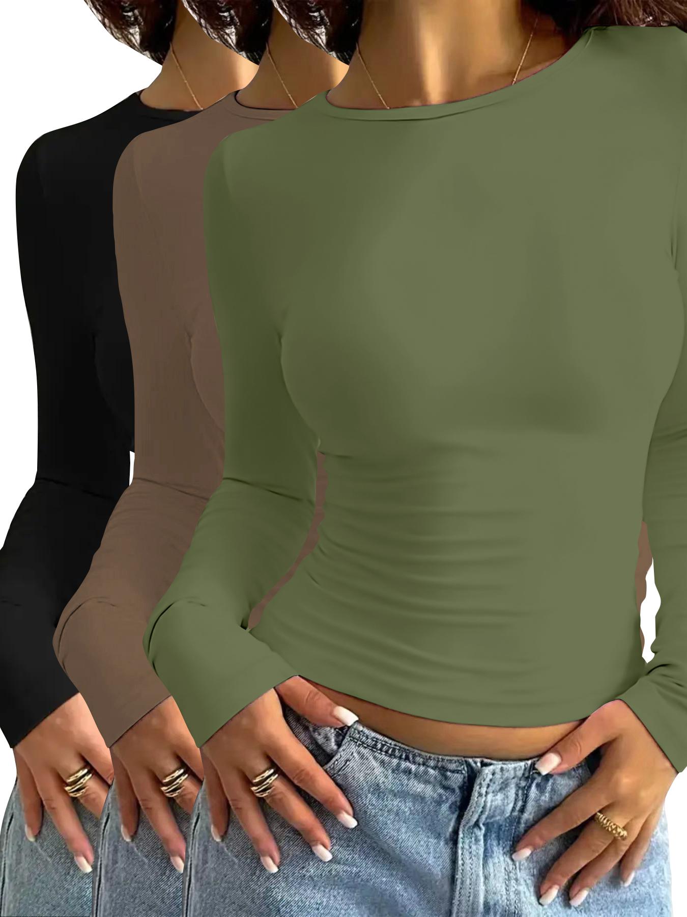 Women's Solid Long Sleeve Lounge Tops, Classy Casual Comfy Knitted Fabric Round Neck T-shirt for Daily Nightwear, Pyjamas for Women, Ladies Sleepwear for All Seasons, Crewneck Sleepwear for Women, Clothing, Womenswear, Casual Comfy Stretchy