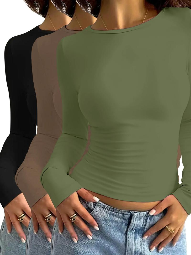 Women's Solid Long Sleeve Lounge Tops, Classy Casual Comfy Knitted Fabric Round Neck T-shirt for Daily Nightwear, Pyjamas for Women, Ladies Sleepwear for All Seasons, Crewneck Sleepwear for Women, Clothing, Womenswear, Casual Comfy Stretchy