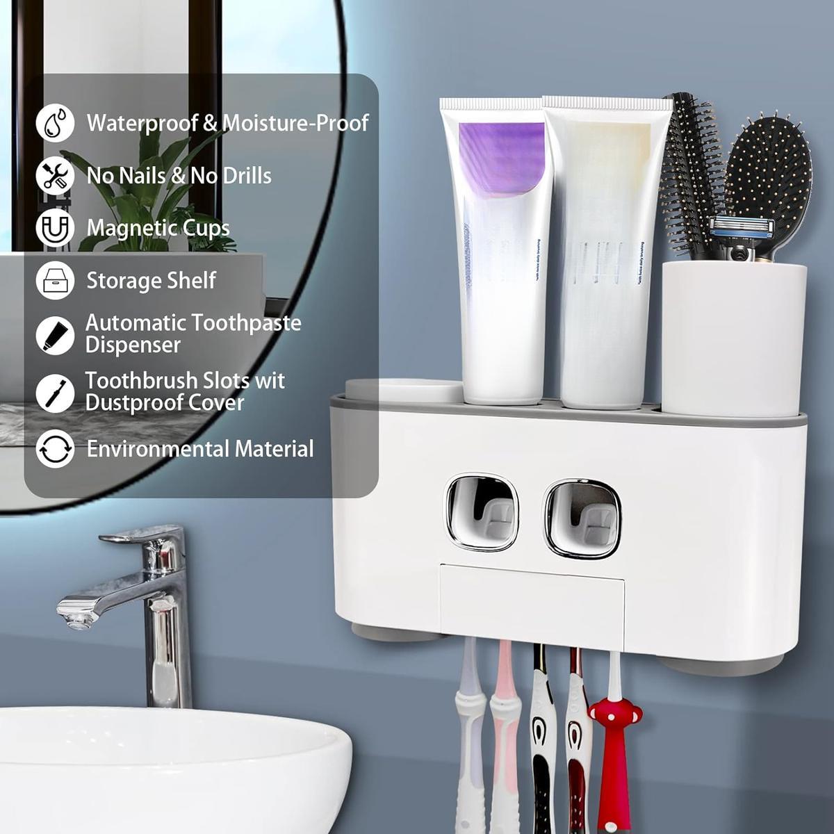 Toothbrush Holder Wall Mounted,  Multi-Functional Toothbrush and Toothpaste Dispenser for Bathroom, 2 Toothpaste Squeezers and 4 Cups Set