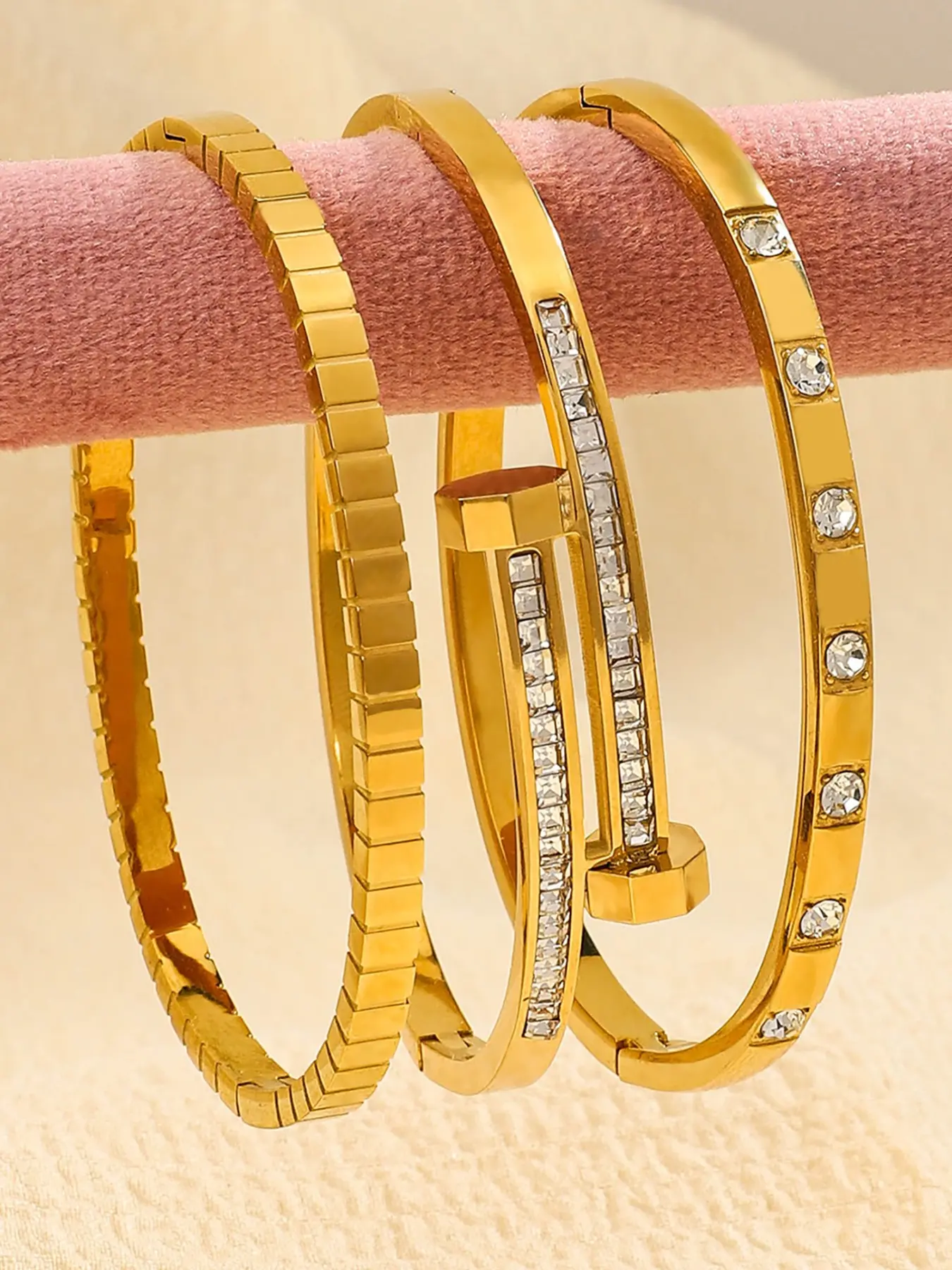 3pcs/set Fashion Classic Striped Cubic Zirconia Stackable Stainless Steel Bracelet Set for Women, Birthday Gift, Back-To-School Gift