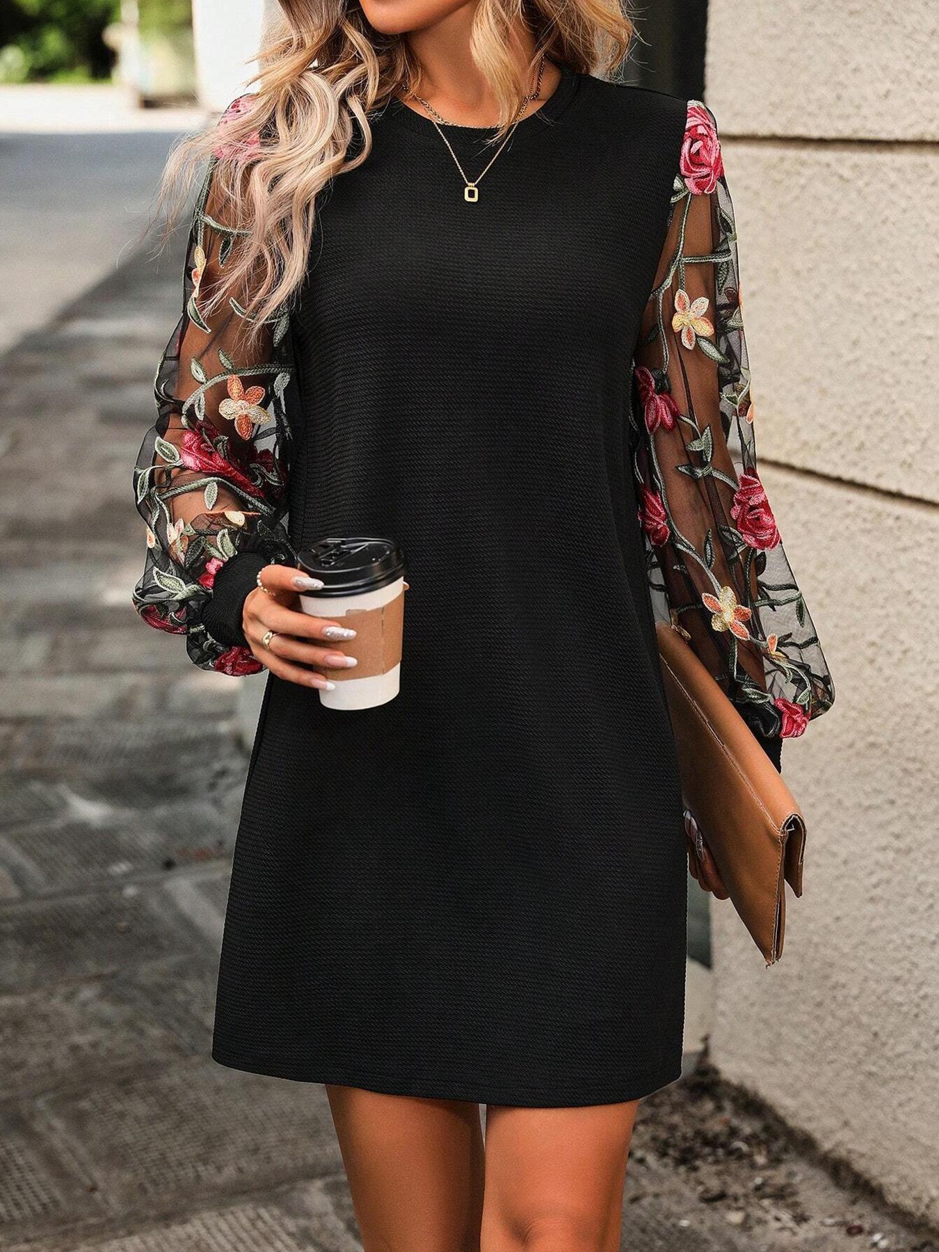 Women's Floral Embroidery Bishop Sleeve Dress, Elegant Long Sleeve Round Neck Short Dress for Party Holiday Wedding Guest, Ladies Clothes for All Seasons, Womenswear