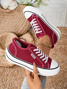 Contrast Color Lace Up Canvas Platform Sneakers Trainer Non Slip Daily Casual Walking Flats