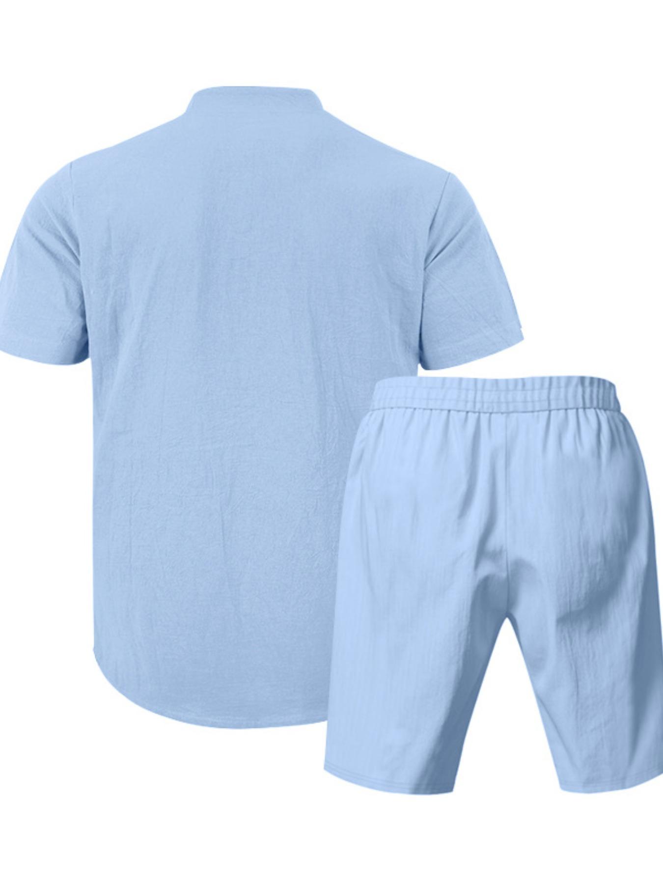 Men's Trendy Casual Linen 2-Piece Set, Henry Neck Shirt & Shorts, Summer Beach Vacation Style, Easy Match for Beach & Daily Wear