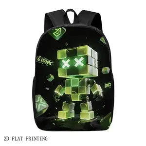 A futuristic, green, glowing robot character 2D digital art backpack with a vibrant, technologically advanced design made of durable materials, suitable for teenagers. Durable, cute, and lightweight back-to-school backpack, suitable for university/campus