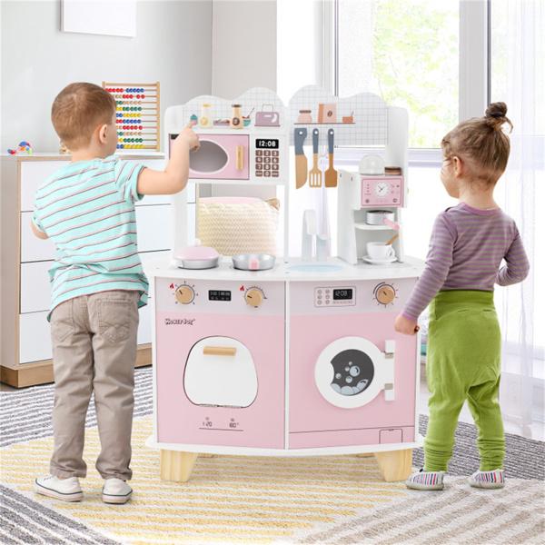 Pink Kids Coffee Kitchen Playset with Microwave Oven Stove for 3+ Years Old