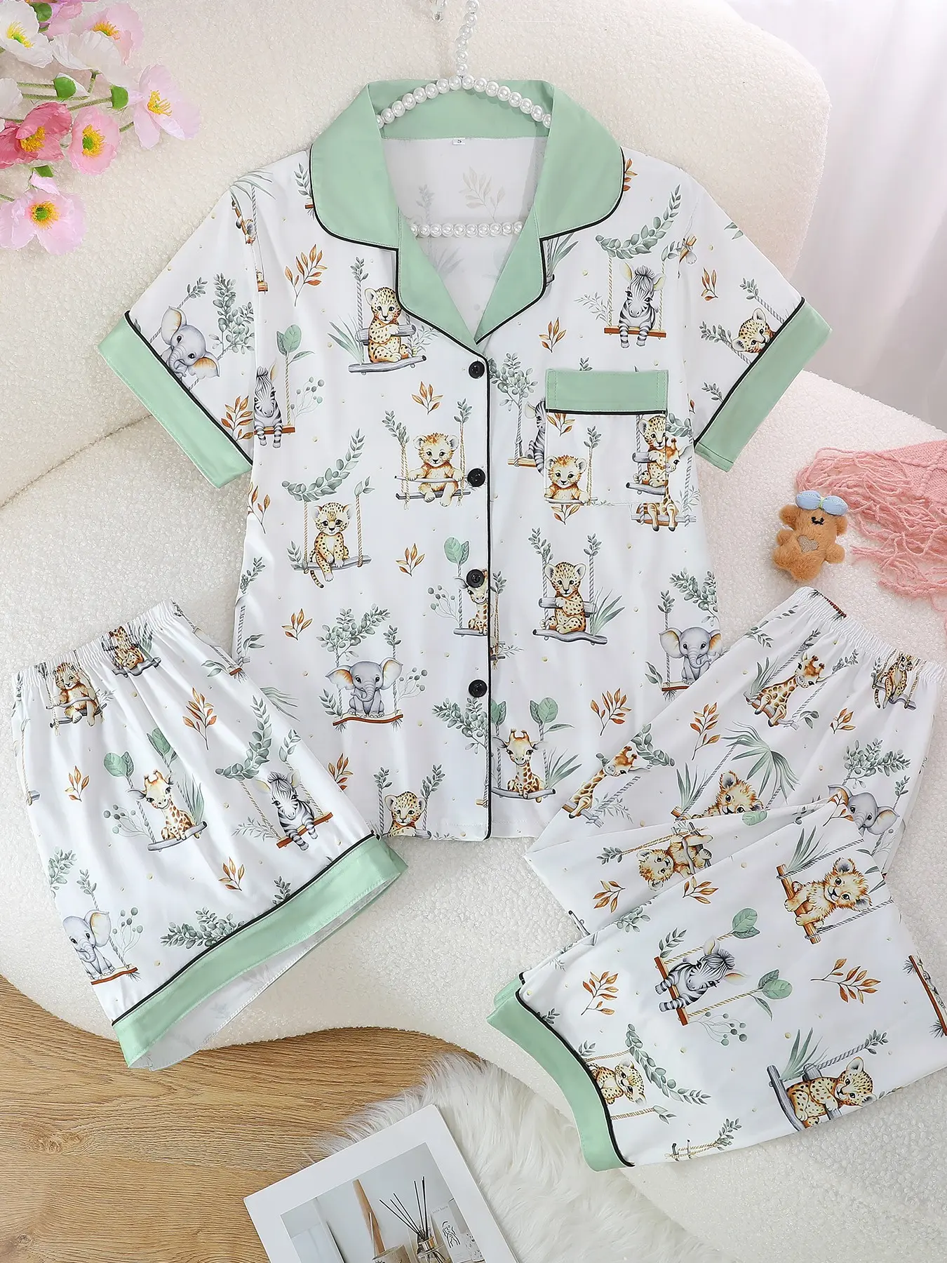 Women's Sleepwear Set, Button Front Short Sleeve Top & Loose Comfortable Shorts/pants, Cute Casual Animal Pattern Print, All Seasons Wear, Fitted Pajama Loungewear Pjs, Casual Pajama Sets, Pajamas Lounge Set