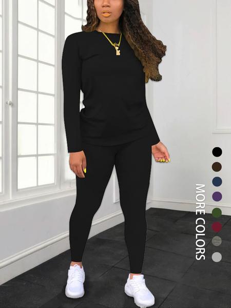 Women's Solid Long Sleeve Tee & Elastic Waist Pants Set, Casual Round Neck Top & Trousers for Spring & Fall, Women's Clothing for Daily Wear