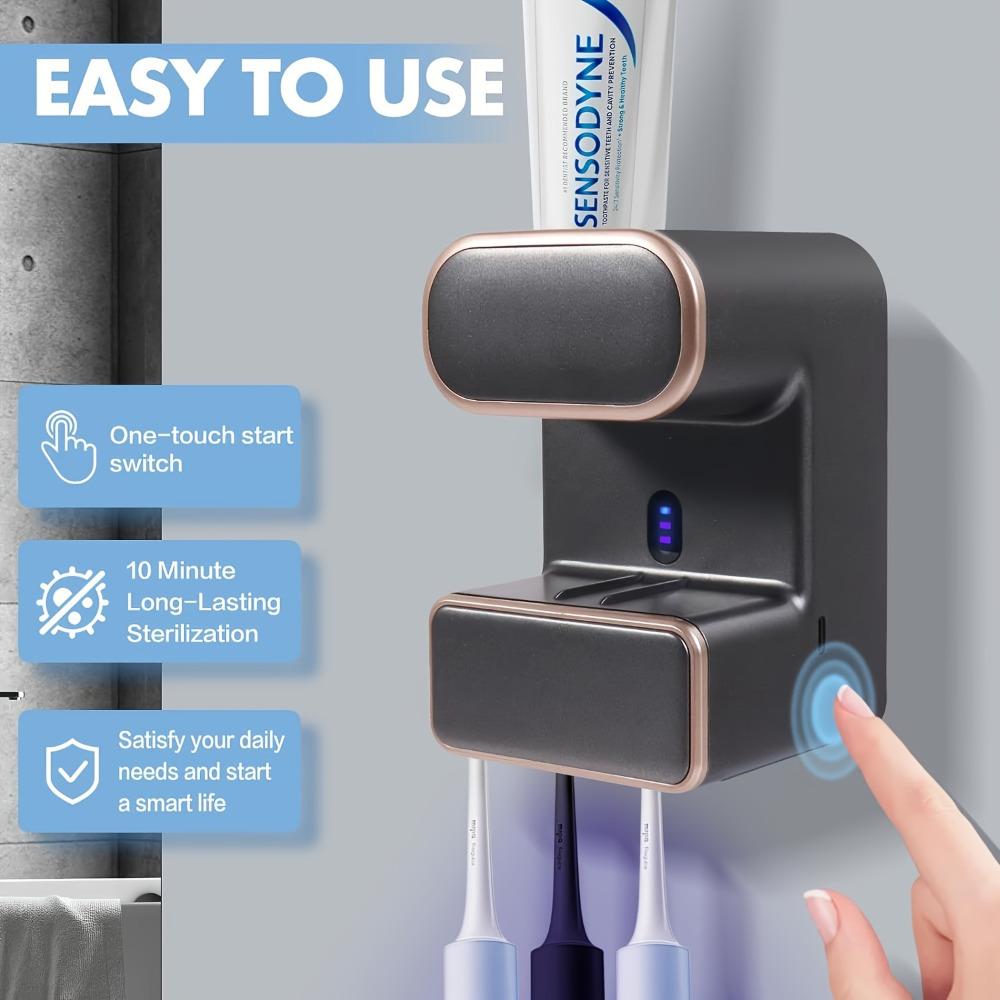 Automatic Toothpaste Dispenser with 3 Toothbrush Slots - Wall-Mounted, USB-Powered, Hygienic Dispensing, Space-Saving Design for Home Use, Durable Plastic, Modern Bathroom Accessory, Toothbrush Holder, Sleek Design