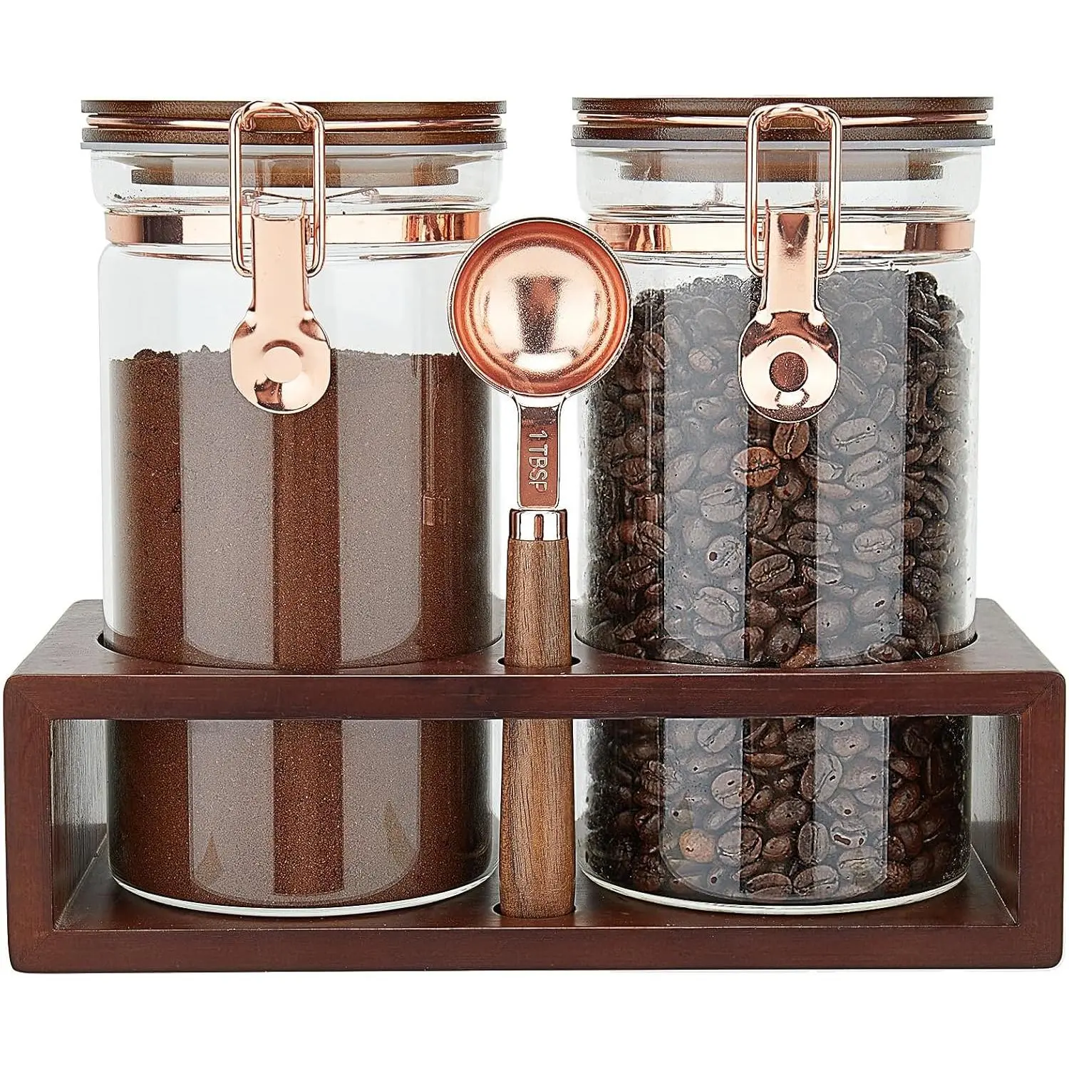Glass Coffee Container with Wooden Shelf, 2 x 40 FLOZ Coffee Bean Storage with Sealed Closure Clips and Copper Spoon, Kitchen Large Capacity Food Storage Jar, Ground Coffee Container