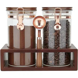 Glass Coffee Container with Wooden Shelf, 2 x 40 FLOZ Coffee Bean Storage with Sealed Closure Clips and Copper Spoon, Kitchen Large Capacity Food Storage Jar, Ground Coffee Container