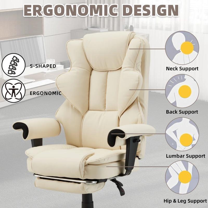Ergonomic Executive Office Chair with 6-Point Massage and Footrest, Adjustable Reclining Faux Leather Desk Chair with Padded Armrests and Swivel Wheels