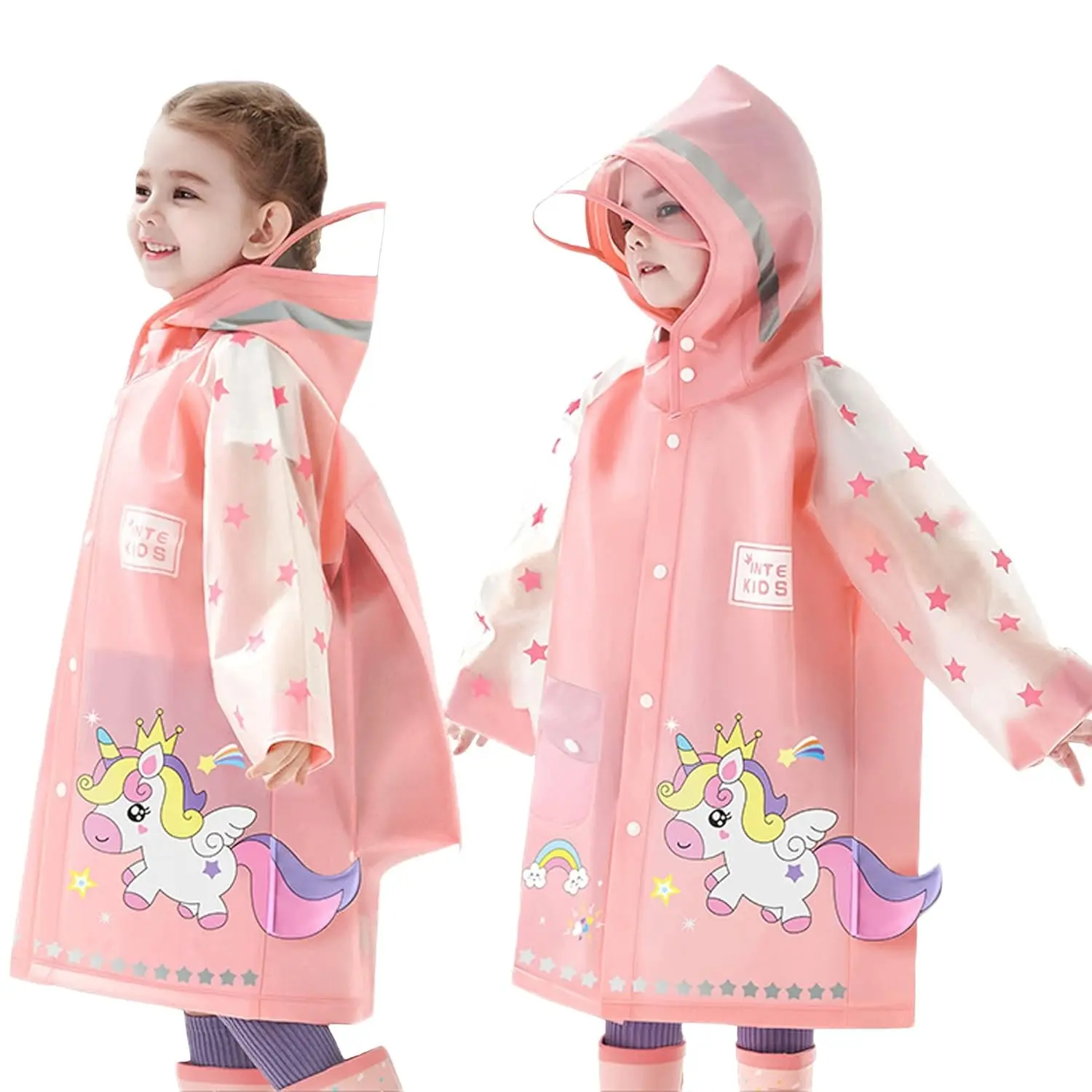 Kids Raincoat for Girls Boys Waterproof Cartoon Unicorn Rain Jacket Toddler Rain Poncho L Size 5-6 Years(Gift)