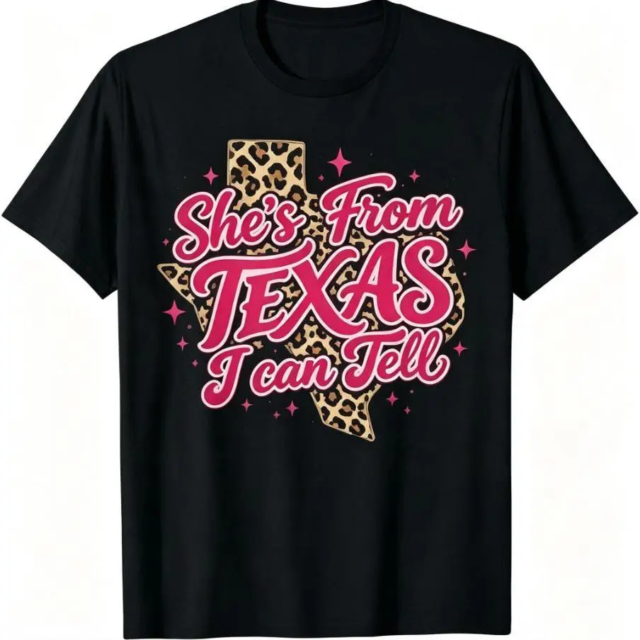 retro vintage She's From Texas I Can Tell Leopard Texas Map Star Distressed Cotton Oversized T-Shirt, Fashion Comfort Western Texas State Outfit, Best Holiday Gift For Him Her Valentine Birthday Present Texas Country Lover Casual Streetwear Tee
