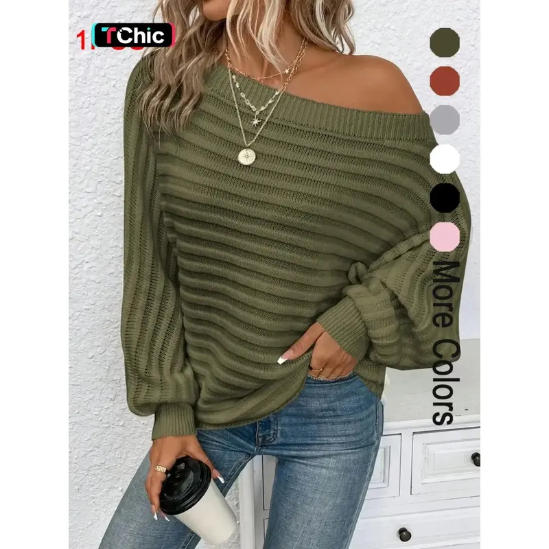 Women's Textured Asymmetrical Neck Sweater, Casual Long Sleeve Batwing Sleeve Jumper for Daily Outdoor Wear, Ladies Knit Top for All Seasons