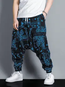 Trendy Men's Floral Print Flying Squirrel Pants, Elastic Waist, Narrow Leg Design, All-Season Streetwear, Casual Daily Wear, Unisex Style