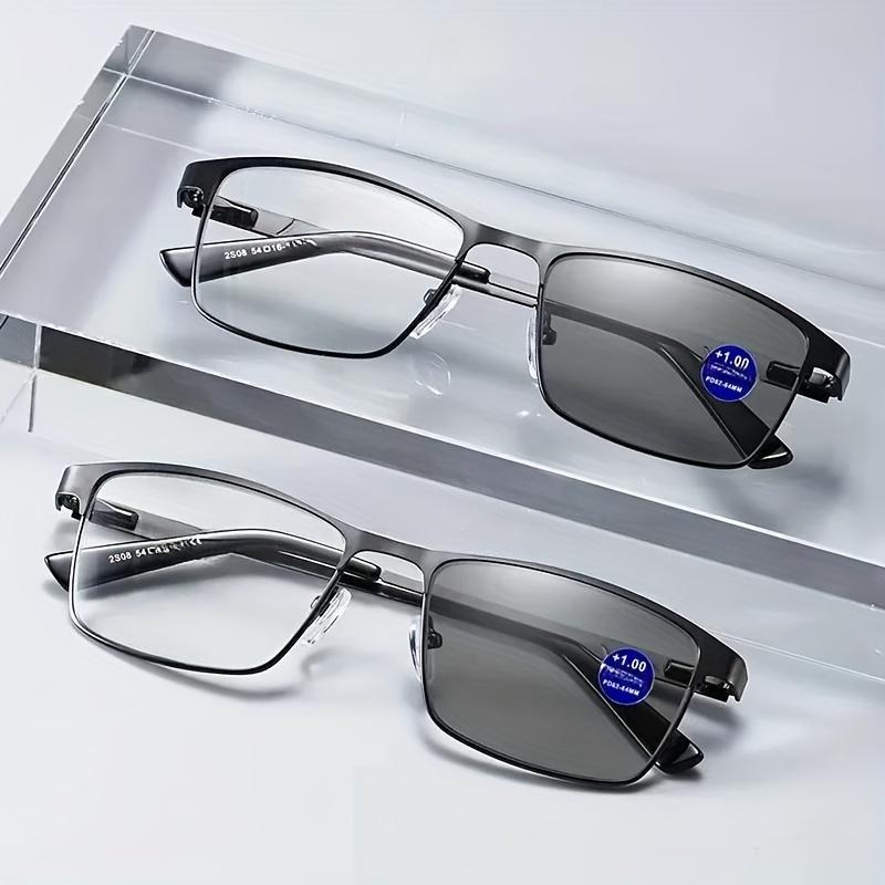 Men's Square Metal Frame Three in One Multifunctional Reading Glasses for Women Long Medium Short Distance Anti Blue Light +1.0 to +4.0 Polycarbonate Lens Unisex Adult Full Rim Flat Top