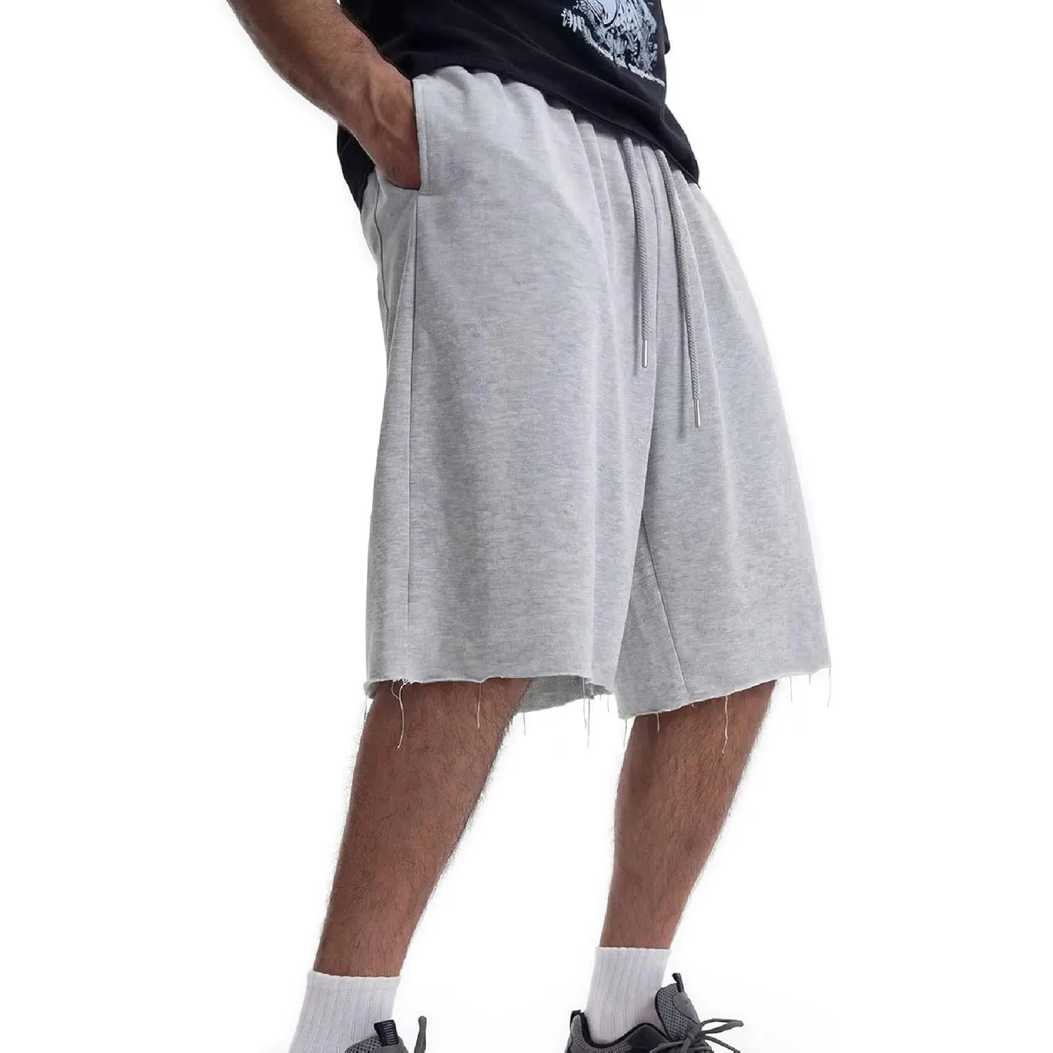 Men's Soft Baggy Sweat Shorts, Streetwear Casual Style with a Frayed Edge and 4 Pockets, Adjustable Drawstring for Workout and Lounging, Adjustable Draw, Four Pockets