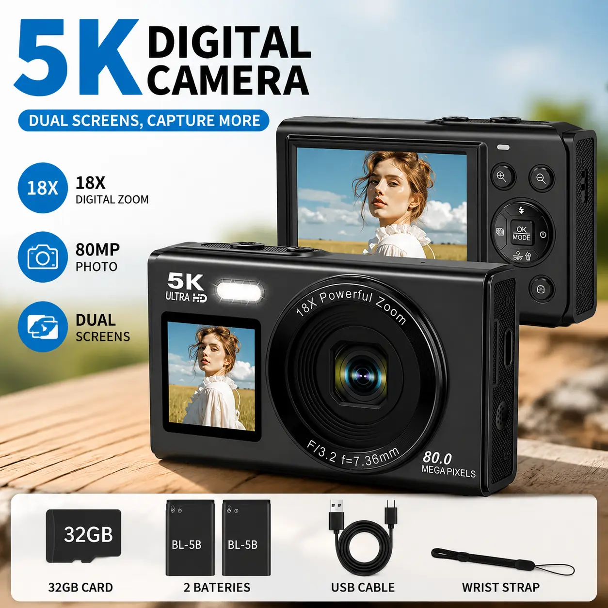 Compact 5K Camera for Photography and Video, Dual Screen Selfie Camera with 18X Digital Zoom, 80MP Image Capture, Easy-to-Use Vlog Camera for Teens, Travel, YouTube and Social Media Content