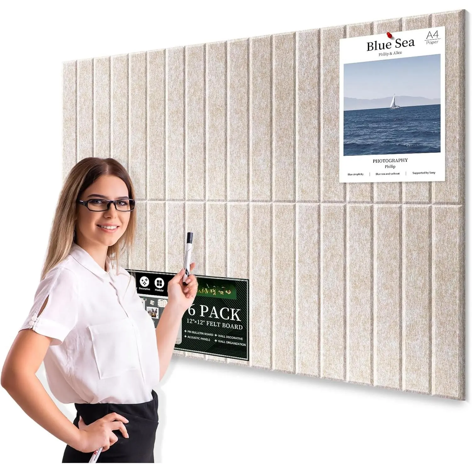 Large Cork Bulletin Board for Wall 36"x24", 6 Pack Felt Slat Wall Panel Tiles with 50 Pushpins, 30 Safe Removable Adhesive Tabs, Decorative Pin Board Tack Board for Office  School (Beige, 36"x24")