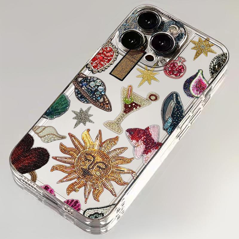 Beads Pattern Phone Case, Rhinestone Decor Phone Protective Cover, Phone Accessory Compatible with iPhone 16 15 14 13 12 11 X Pro Max Plus Mini