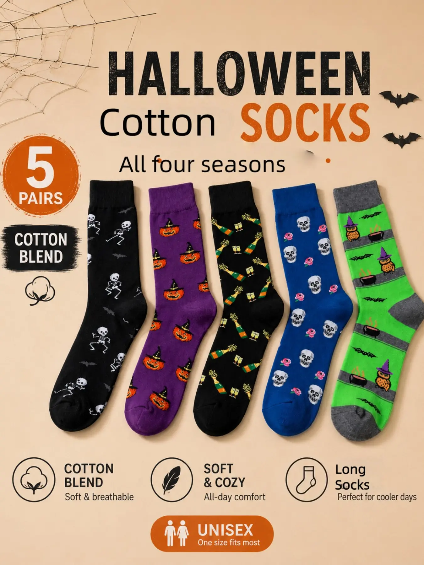 Halloween Mid-length  Socks for Men and Women, Fun Random Prints, Soft and Comfortable, Party Wear, All-Seasons, 5 Pairs Set