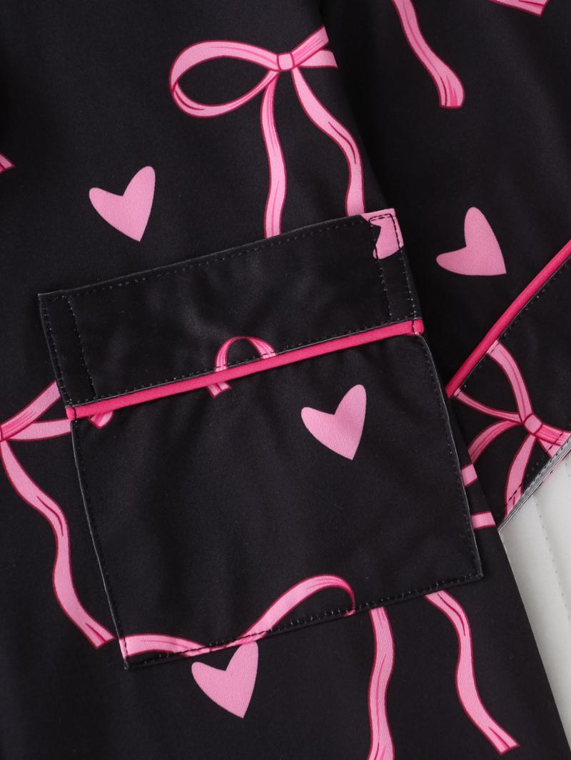 Women's Bow Print Short Sleeve Tee & Shorts Pyjama Set, Elegant Comfy Button Up Top & Elastic Waist Shorts Set, Ladies Sleepwear for All Seasons, Loungewear, Matching Pj Set, Womenswear, Pajama Set, Casual Comfy Pajama, Summer Sleepwear