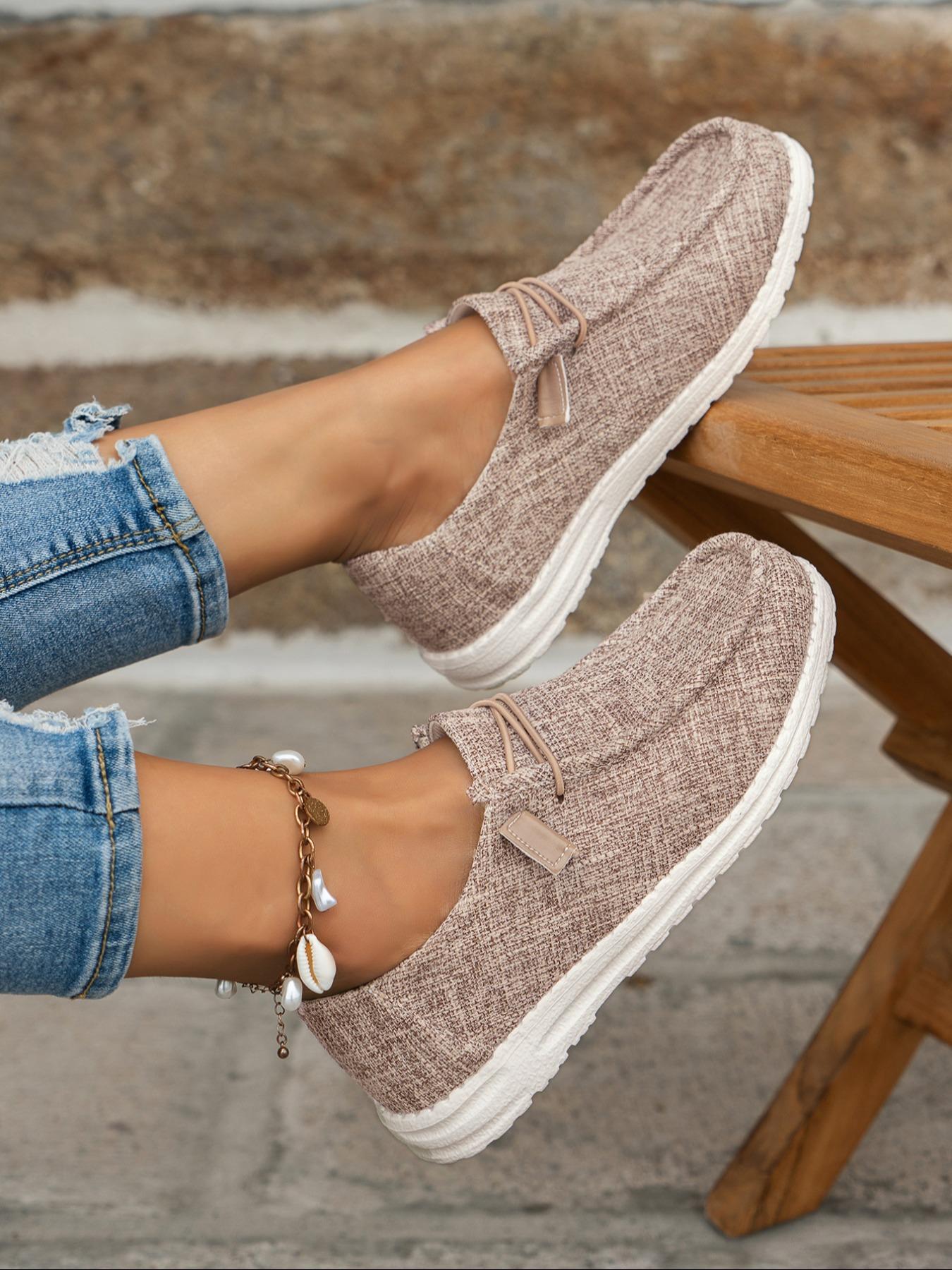 Women's Fashionable Plain Color Round Toe Lightweight Slip Ons Style Sneakers, Lightweight Breathable Comfortable Lace-up Flats Shoes, Casual Comfortable Sports Walking Shoes, Casual Breathable Footwear