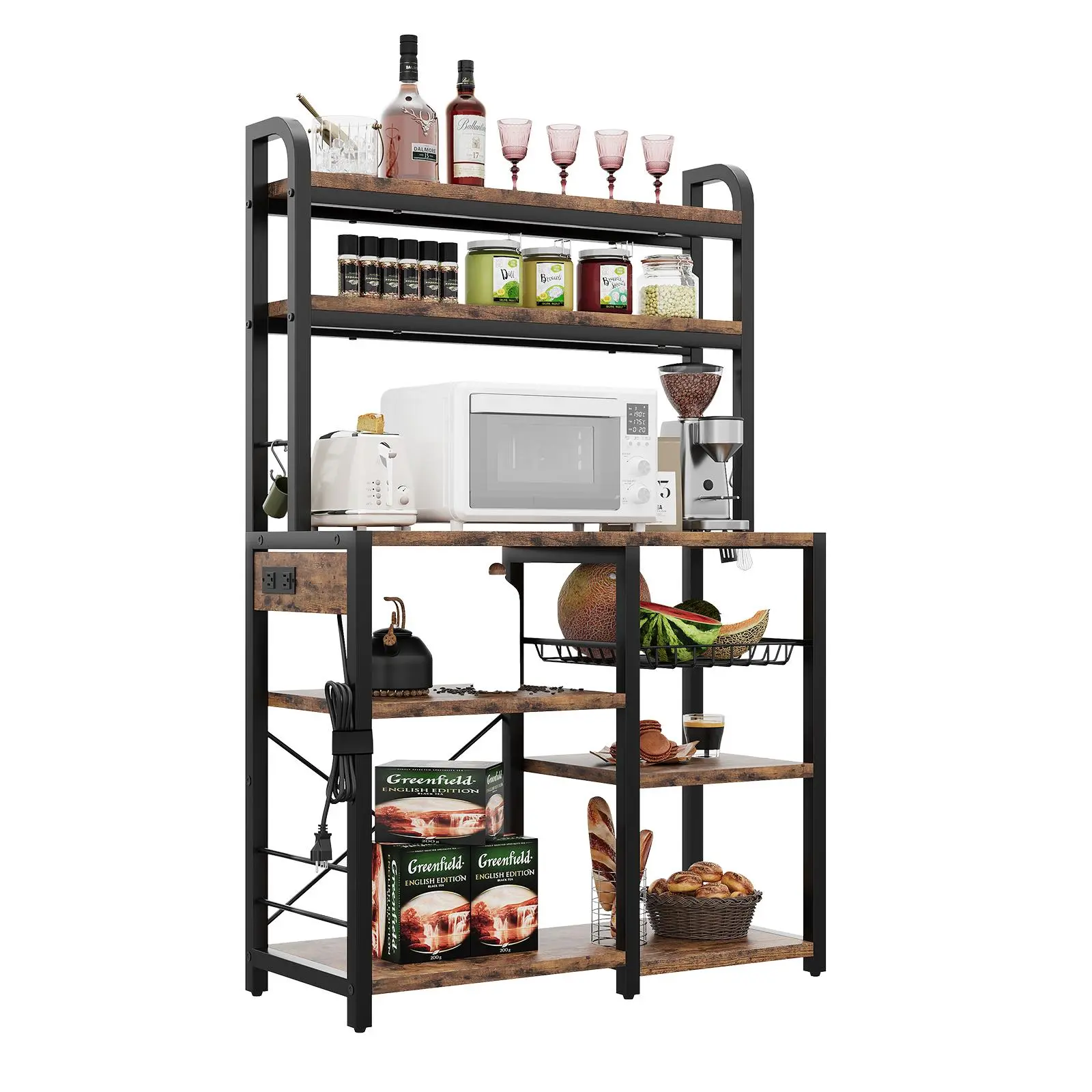 6-Tier Kitchen Baker's Rack with Power Outlet Microwave Stand Coffee Bar Station Heavy Duty 150lbs Wood Tabletop Utility Storage Shelf with Wire Basket X-Design Anti-Tip Kitchen Organizer Cabinet Rustic Brown Black