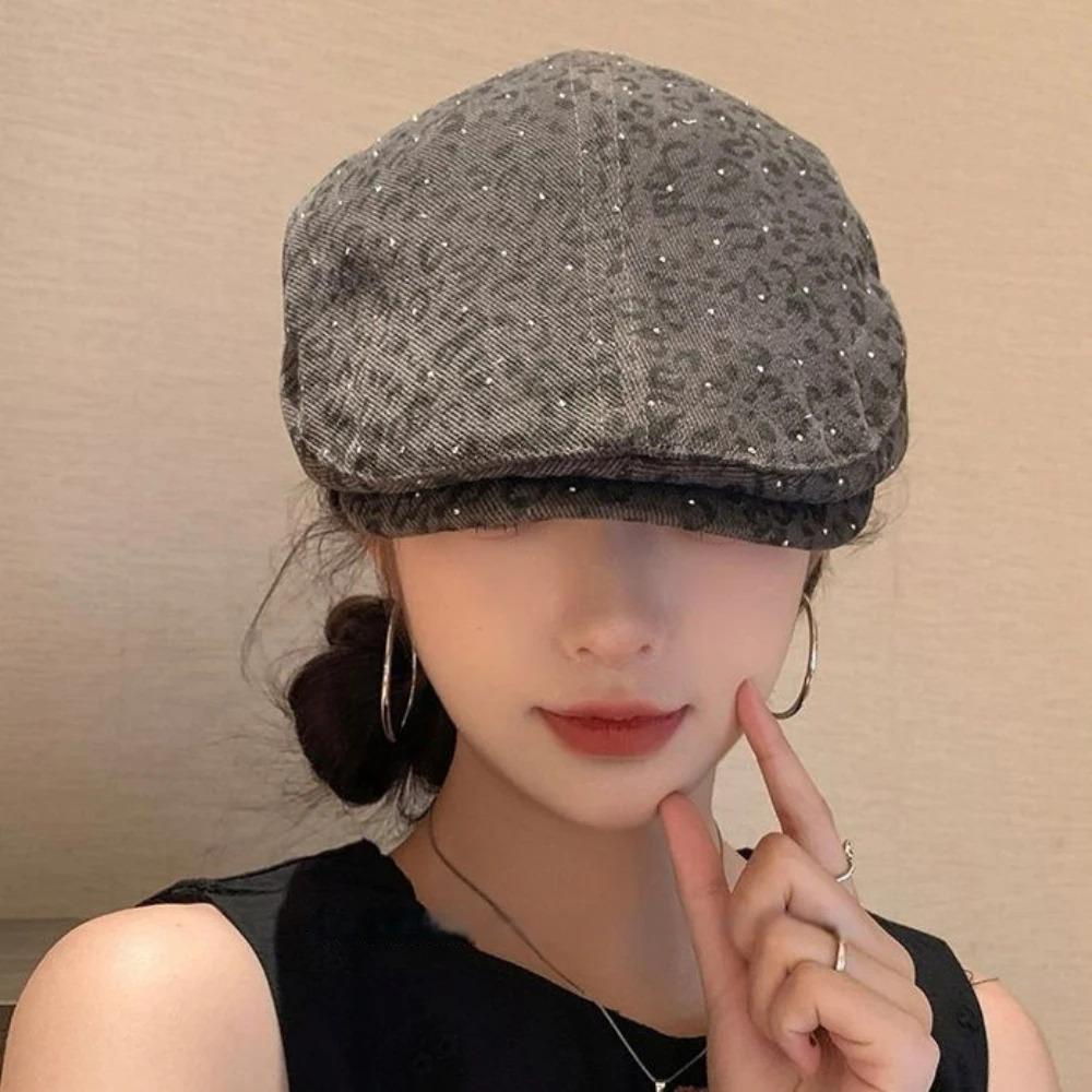 HT4874 Berets Shiny Spring Autumn Hat Men Women Leopard Artist Painter Beret Hat Male Female Ivy Flat Cap Adjustable Beret Caps