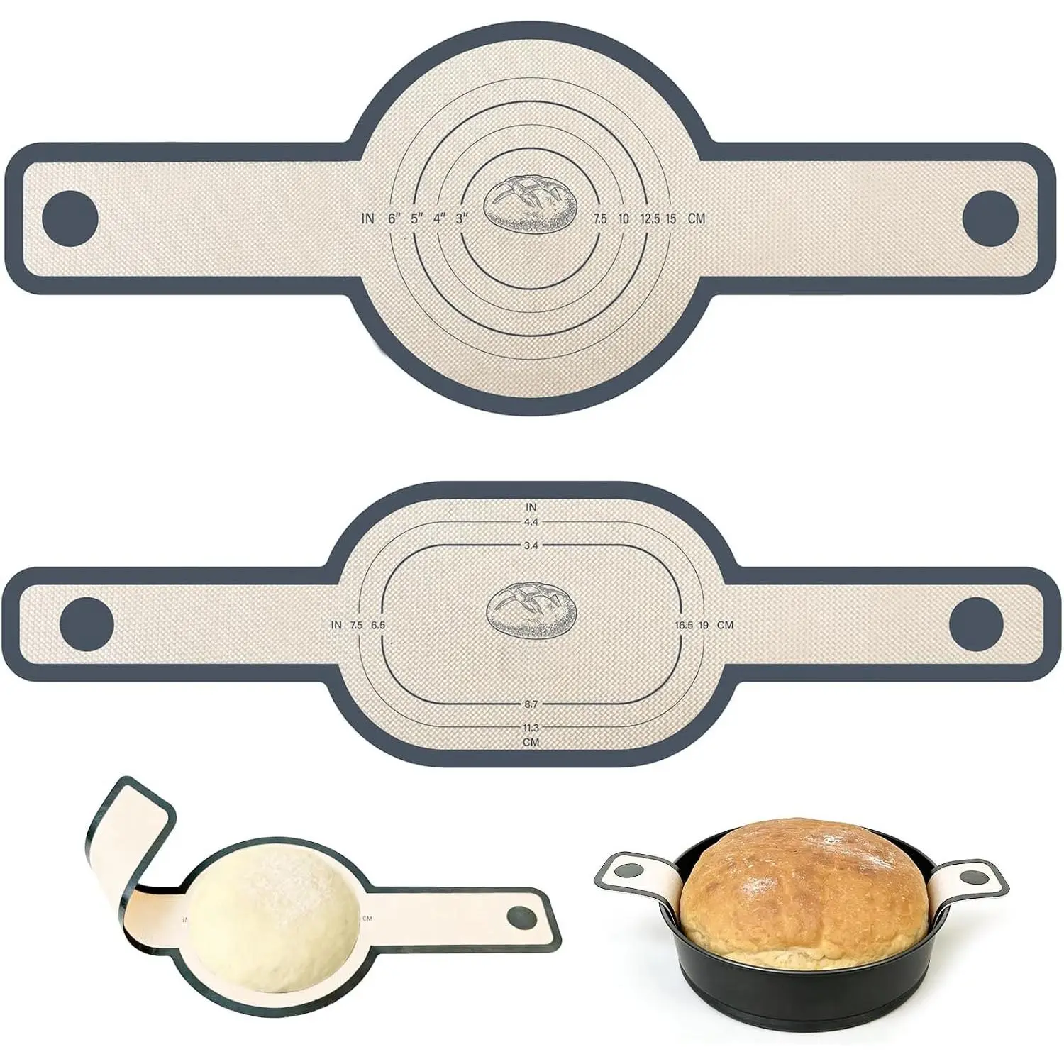 2-Piece Synthetic Heat Resistant Dutch Oven Bread Sling, Flexible Non-Stick Baking Mat with Long Handles, Oval/Round Sourdough Transfer Mat (Gray) - Kitchen Bakeware Utensils
