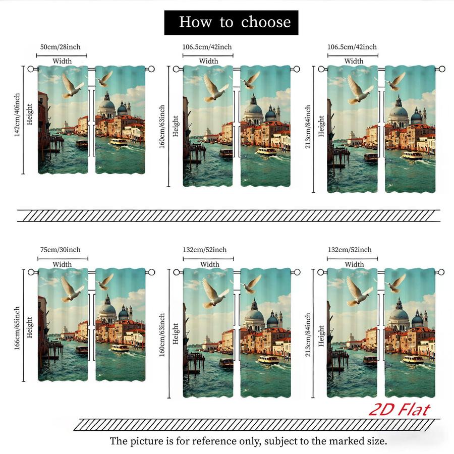 2Pcs Scenic Venice Cityscape Birds Pattern Sun Blocking Curtains Digital Printed Rod Pocket, Window Treatment For Bedroom Office Kitchen Living Room Study Home Decor