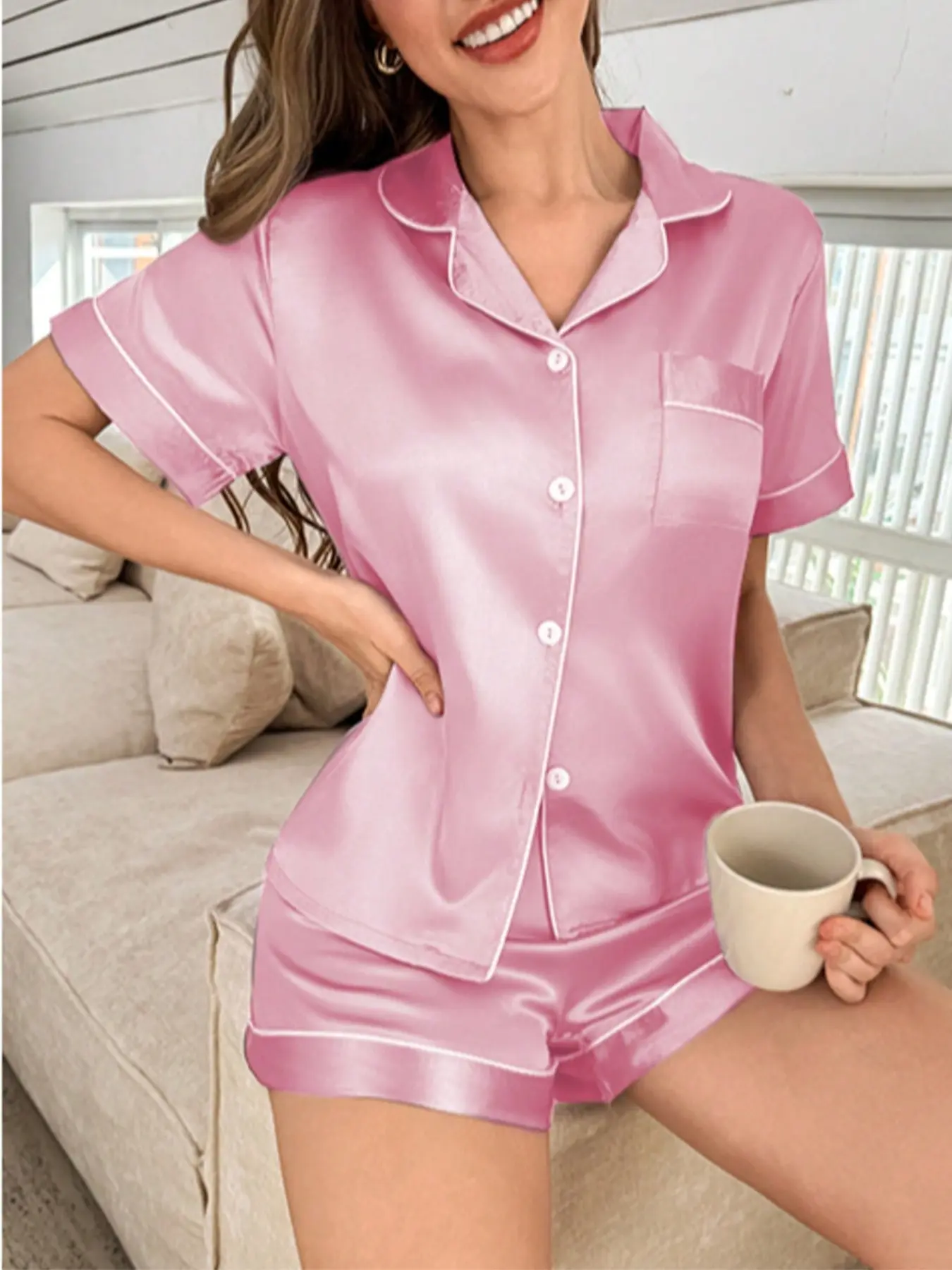 Pure Color Short Pajama Set, Matching Pajamas, Short Sleeve Button Neck Top and Pants, Soft Satin Sleepwear, Loungewear, Casual Loose-Fitting, All Seasons