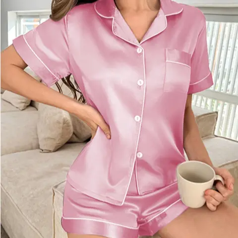 Pure Color Short Pajama Set, Matching Pajamas, Short Sleeve Button Neck Top and Pants, Soft Satin Sleepwear, Loungewear, Casual Loose-Fitting, All Seasons