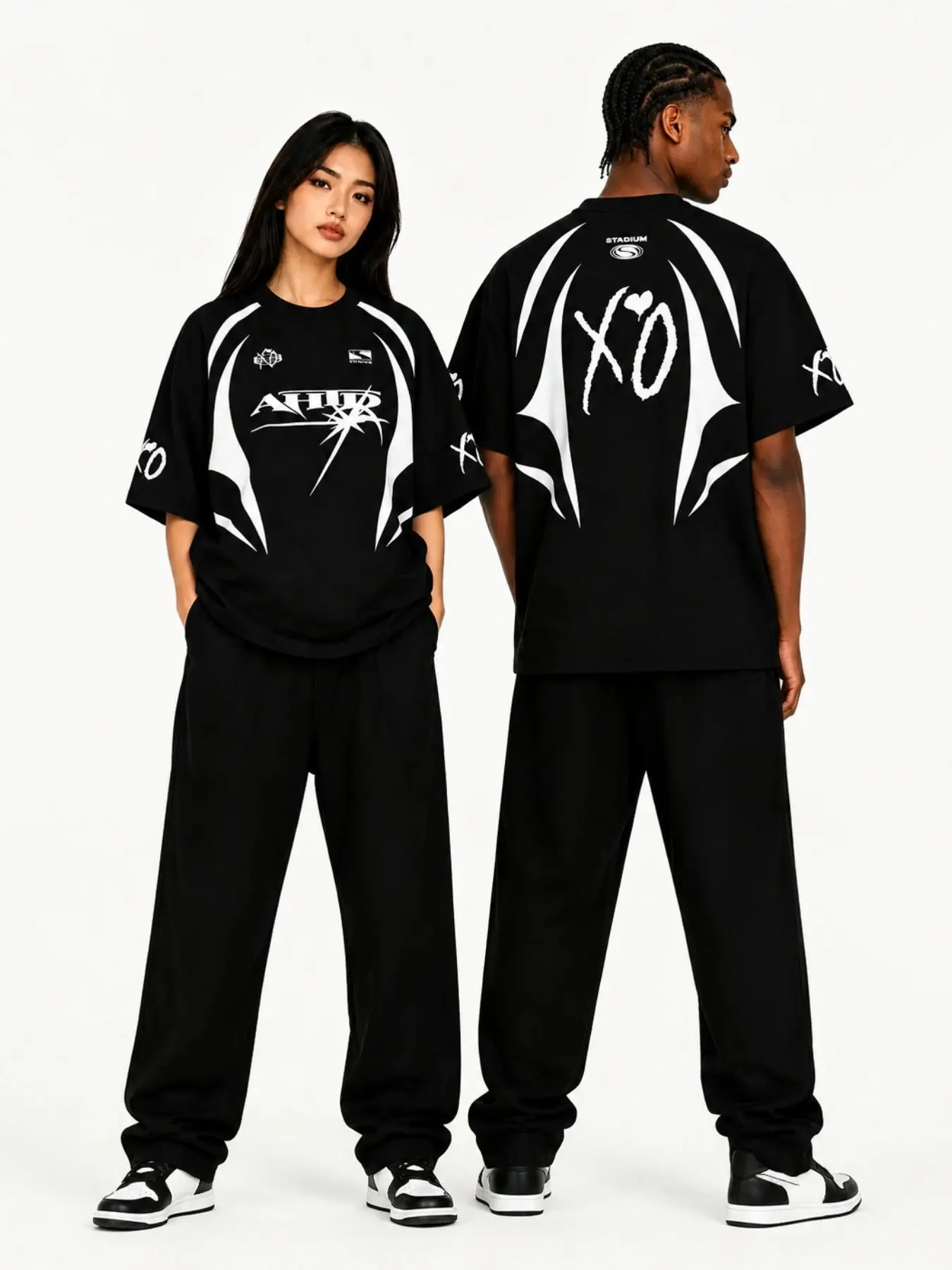 Unisex Xo Heart Pattern T-Shirt, Short Sleeve Round Neck, Loose Fit Y2K Street Style, Family Wear, All Seasons