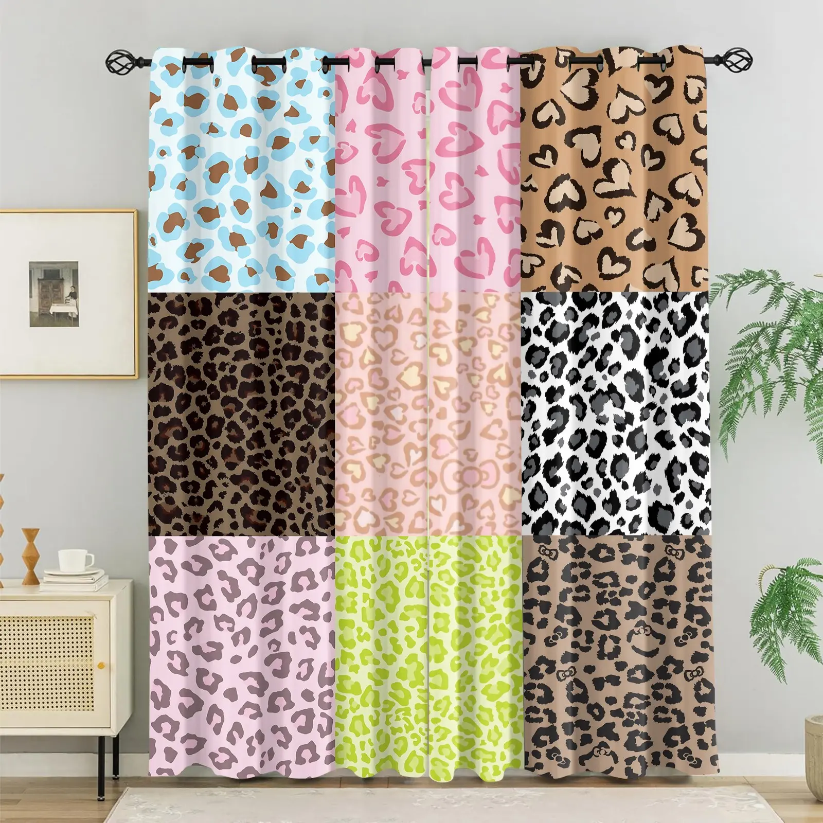 2 Panels Color Block Leopard Heart Blackout Curtains, Patchwork Multicolor Leopard & Heart Print, Grommet Top,  Light Blocking Thermal Insulated Noise Reducing Privacy Curtains, Machine Washable Window Drapes for Bedroom Living Room Decor